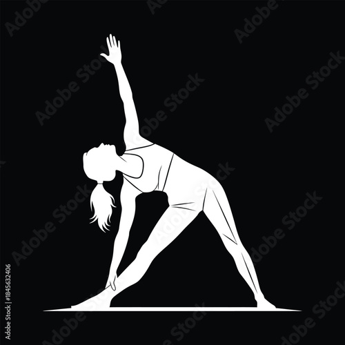 White silhouette of a woman in triangle yoga pose on black background vector