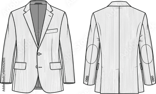 Men’s blazer technical fashion sketch, front and back view, pinstripes, flap pockets, elbow patches, notched lapel, vector template
