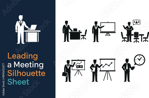 Business presentation silhouettes showing leadership and meeting scenarios