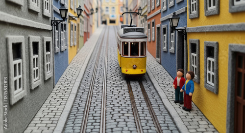Fototapeta Naklejka Na Ścianę i Meble -  Felt tram climbs an inclined street with small figures watching in a model city setting