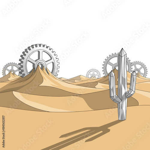 Surreal desert landscape featuring mechanical elements and crystal cactus creating a unique steampunk-inspired scene