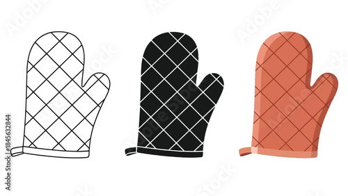 Oven Mitts Set in Three Styles — Line Art, Silhouette and Color Version Showing 