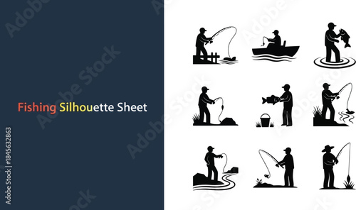 Collection of nine black silhouettes depicting fishing activities and success moments