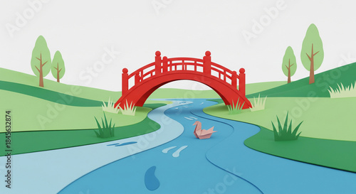 Origami duck float glides on blue stream under red bridge in green landscape during daytime with trees in the background