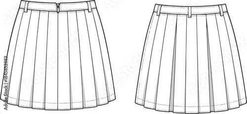 Pleated skirt technical fashion sketch, front and back view, waistband with belt loops, structured hemline, garment construction vector template