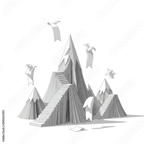 Creative Staircase Leading To The Summit Of Majestic Mountains with Flags Flying High