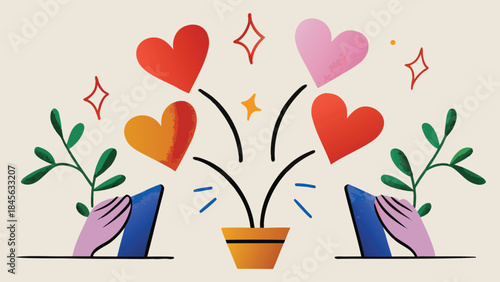 Two hands holding mobile phones with a potted plant growing between them, surrounded by colorful hearts and sparkles on a beige background