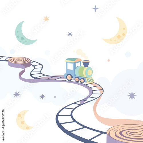 Whimsical Cartoon Train Journey Through a Dreamy, Starry Night Sky with Crescent Moons and Clouds