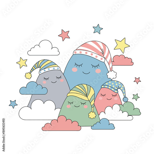 Whimsical illustration of adorable sleepy cloud characters peacefully slumbering amidst a sky filled with gentle stars and soft dreamscapes, perfect for children's decor