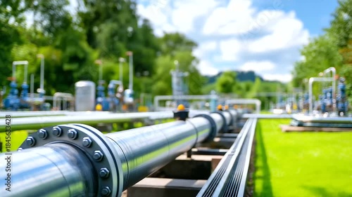 Eco-friendly industrial site featuring green hydrogen pipeline infrastructure, sustainable fuel distribution, clean energy network, renewable technology facility, defocused equipme