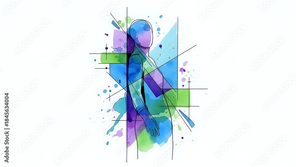 Obraz premium Abstract geometric composition with vibrant blue, purple and green shapes, lines and splashes on white background for modern digital art projects.