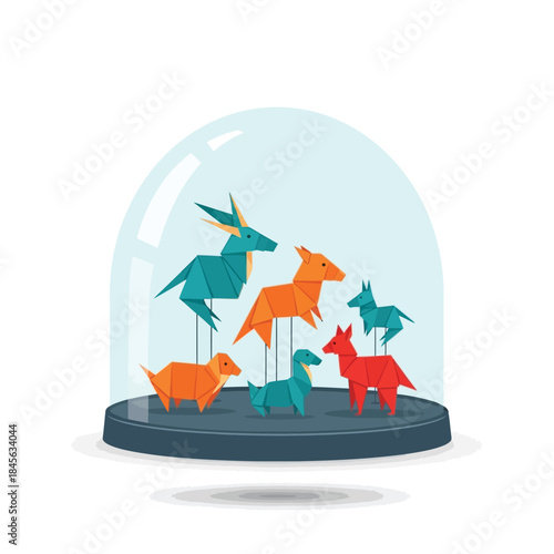 Colorful origami animal figures, meticulously crafted and displayed like precious artifacts under a clear glass dome, representing the delicate artistry and imaginative concept of paper folding