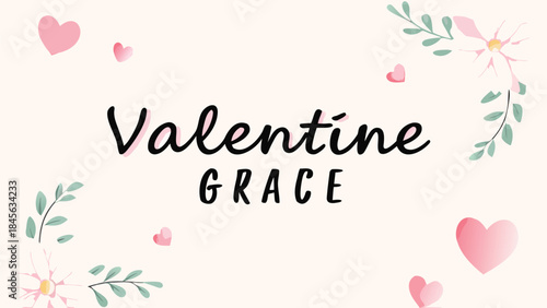 A romantic subtle heart shading valentine's day text graphic with pink hearts, flowers, and green leaves on a soft cream background