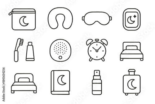 Bed vector sleep travel icon white compact suitcase alarm hotel essentials