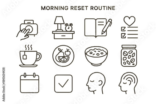 Calm vector reset plate tea table icons fruit icon day head gratitude