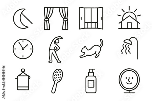 Icons morning rays head icon stretching doing hook hairbrush vector routine night