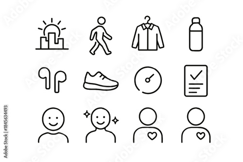 Smiley routine list small heart icon bottle top vector morning sun icons