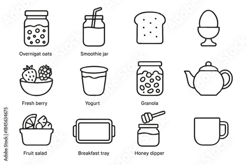 Vector icons yogurt toast icon coffee smoothie bowl jar breakfast container sustainable
