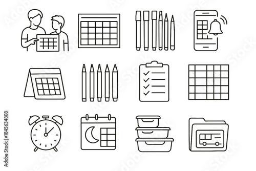 Minimalist icon timetable colored parent vector card schedule markers set grid prep
