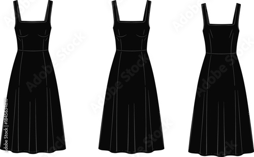 Sleeveless square-neck dress illustration, fitted bodice, flared below-knee skirt, technical fashion sketch, front view, seam detailing, vector template