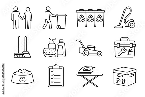 Vector vacuum sponge storage stickers bowl lawn icon minimalist task bottle family
