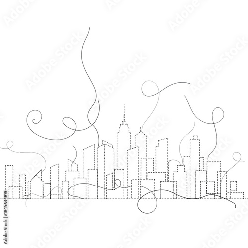 Minimalist dashed line illustration of a modern city skyline with whimsical swirling lines
