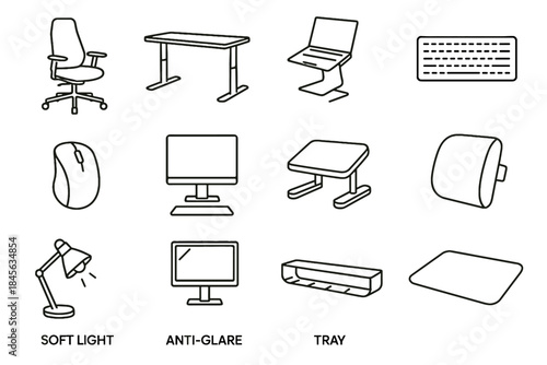 Office vector monitor management cushion icon floor anti healthy light icons workspace