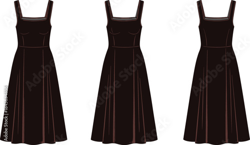 Sleeveless square-neck dress illustration, fitted bodice, flared skirt, technical fashion sketch, front view, seam detailing, vector garment template