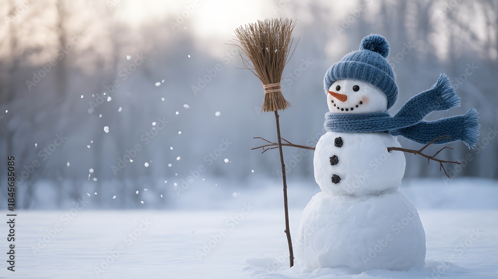 Fototapeta premium Snowman in winter landscape with broom and warm clothing