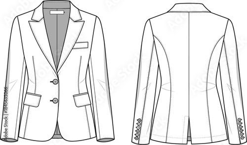 Tailored blazer technical fashion sketch, front and back view, notched lapel, flap pockets, princess seams, garment construction vector template