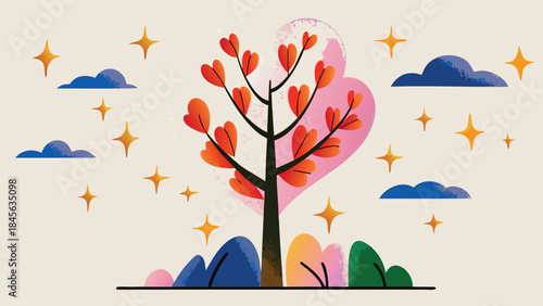 A tree with heart shaped leaves standing on colorful ground with clouds stars and heart shaped background