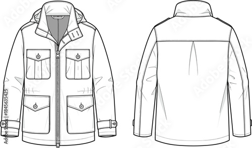 Utility jacket technical fashion sketch, front and back view, flap pockets, zip closure, ribbed collar, apparel design, vector template
