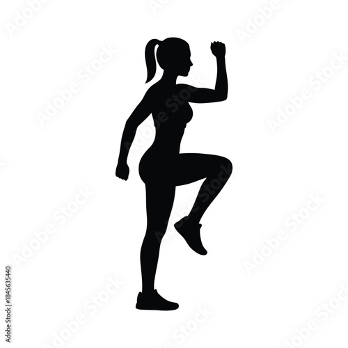 Black silhouette of a woman running in place with ponytail fitness exercise