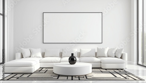 Wallpaper Mural  pastel colored sofa, coffee table, carpet, gray wall with blank photo picture frame for copy space. Torontodigital.ca