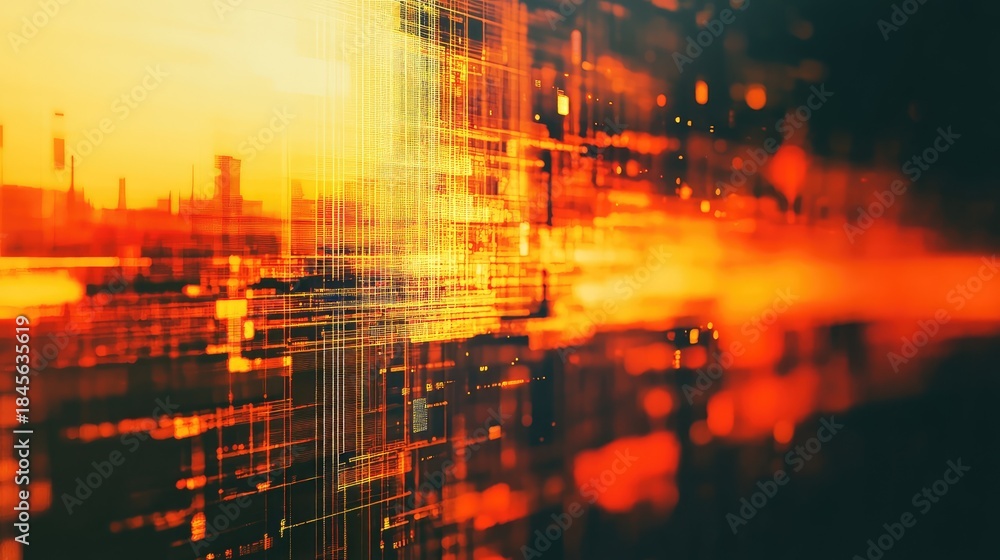 Fototapeta premium Modern digital grid lines illuminate a futuristic cityscape, visualizing complex data streams, connectivity, big data, and technological advancement in an urban environment