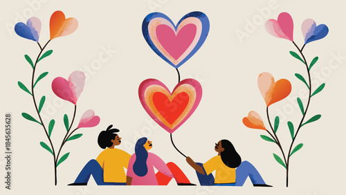 Three friends sitting together outdoors holding colorful heart shaped balloons and surrounded by heart flowers on a light beige background