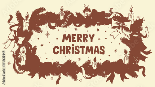 Merry Christmas text with festive fir branches candles and bows vintage illustration for holiday gre