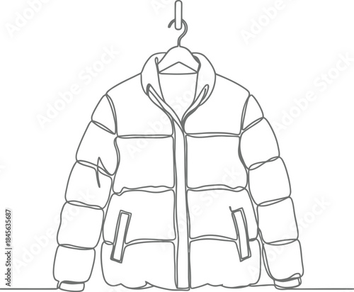 Minimalist continuous line drawing of a puffer jacket hanging on a simple wall hook