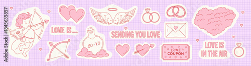 Happy Valentine's Day, cute love vector sticker set with hand-drawn doodle cupid, heart icons, wings, rings,messages. Pink and red creative design for web, graphic, digital greeting, romantic,playful 