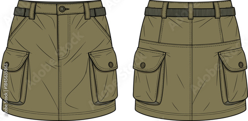 Utility skirt illustration, flap pockets, belt loops, button closure, technical fashion sketch, front and back view, vector garment template