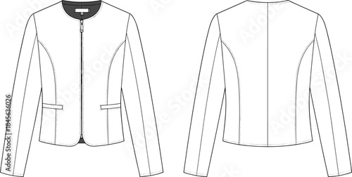 Women’s jacket technical fashion sketch, front and back view, flap welt pockets, princess seams, curved hem, apparel design, vector template
