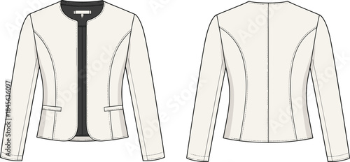 Women’s jacket technical fashion sketch, front and back view, princess seams, welt pockets, tailored fit, apparel design, vector template