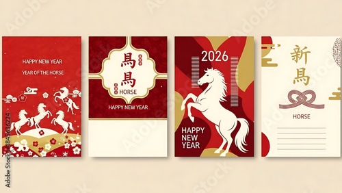 Japanese New Year 2026 Vector Illustration Set – Year of the Horse, Traditional Decorations, Greeting Cards and Seasonal Elements