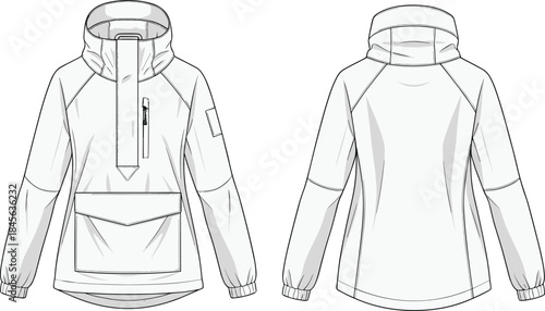 Zippered jacket technical fashion sketch, front and back view, hooded collar, flap pocket, raglan sleeves, vector template