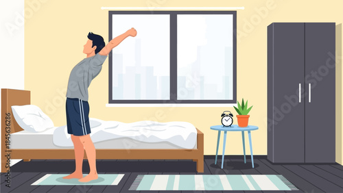 Man stretching in bedroom with city view