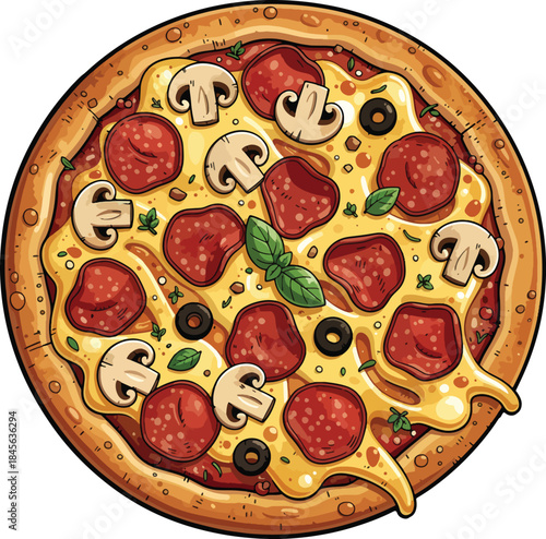 Delicious pepperoni mushroom pizza with olives and basil