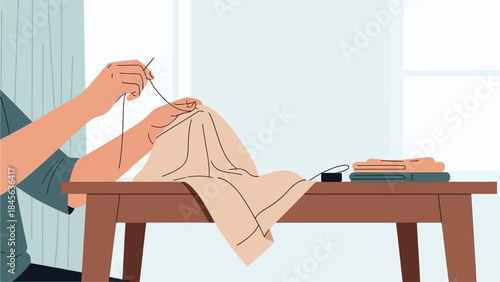 Person knitting with yarn on a wooden table in a cozy room