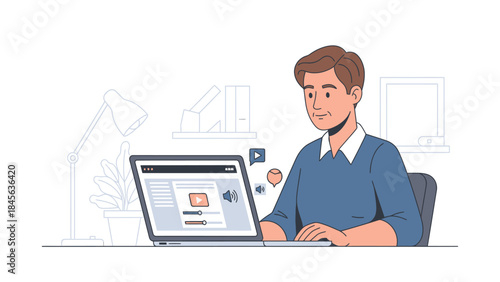 Young professional man watching video on laptop in modern workspace