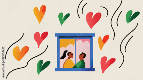 A couple in love looking out of a window surrounded by colorful hearts and lines on a beige background with a blue frame