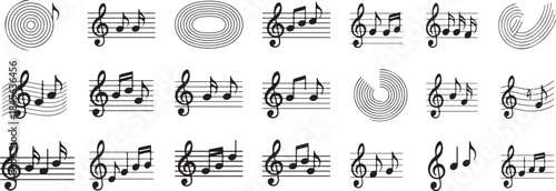 Music notes wave with melody rhythm patterns, flowing musical staff lines, notes and clefs in spiral, circular and wavy shapes. Vector set for elegant swirling music posters.eps